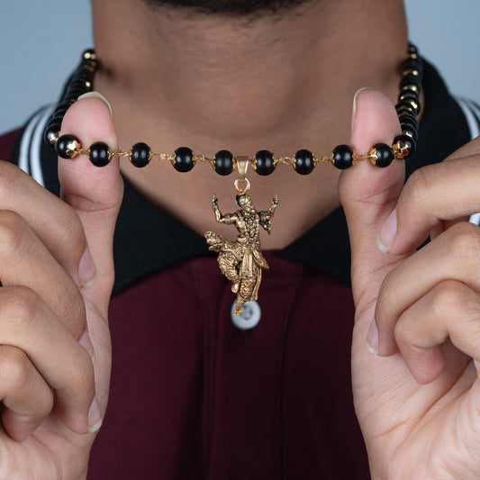 Divine Bajrangbali Pendant with Ebony Wood Beads (Gold plated)