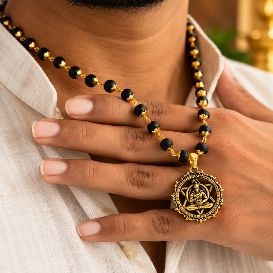 Gold-Plated Karungali Mala with Hanuman Kavach Pendant