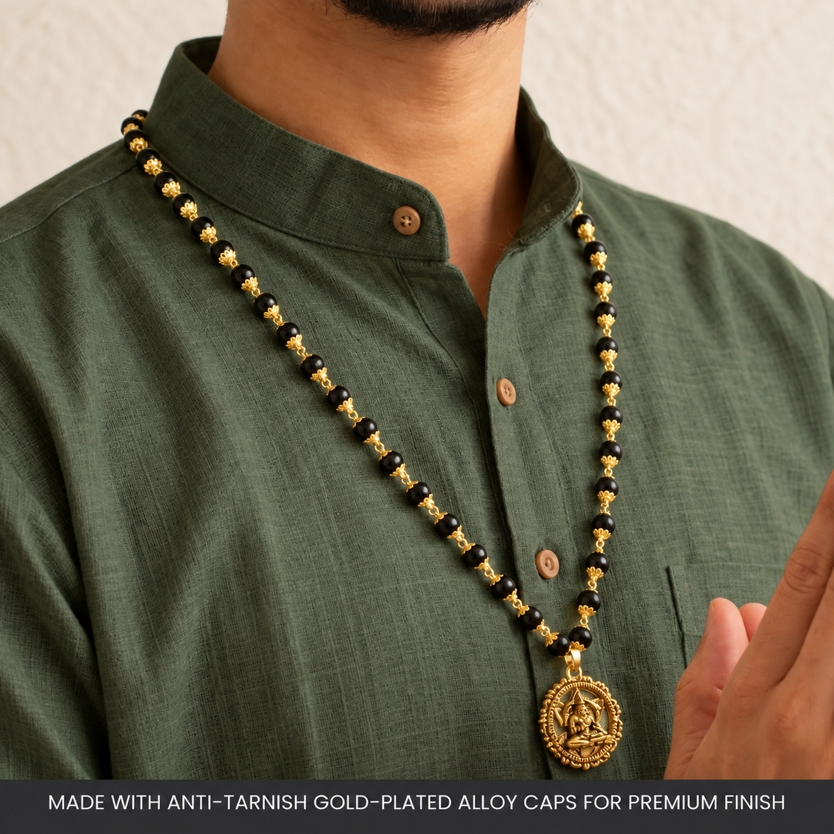 Gold-Plated Karungali Mala with Hanuman Kavach Pendant