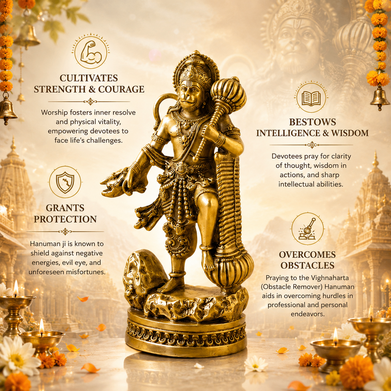 Divine Hanuman Ji Idol with Gada | Strength, Protection & Blessings ( Gold Plated )
