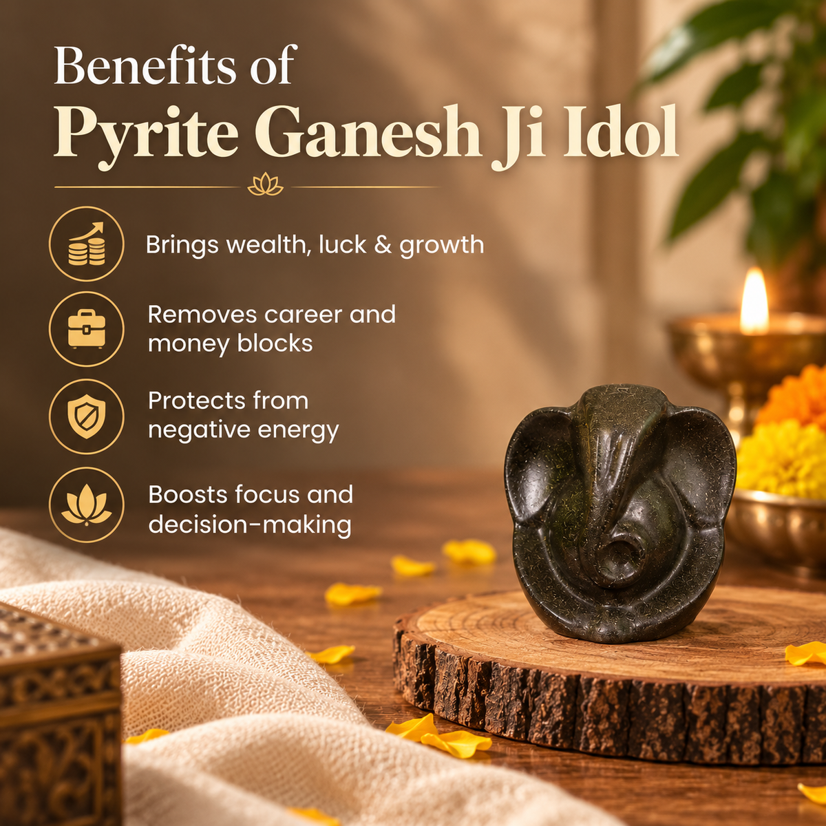 Pyrite Ganesh Ji Idol with free panch mukhi Rudraksha