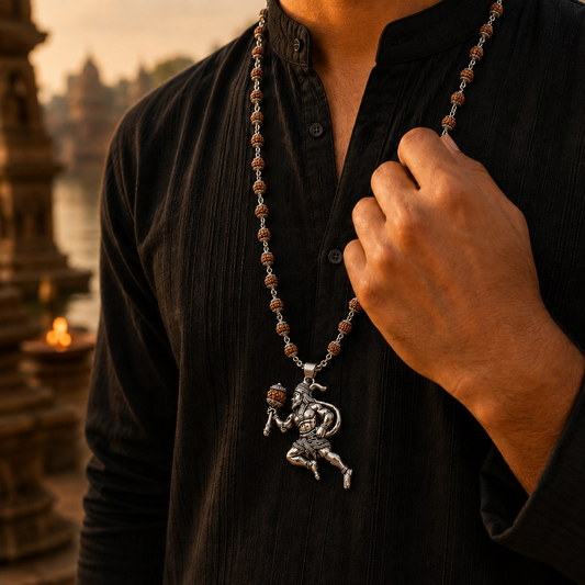 Silver Plated Bajrangbali Gada Pendant with Rudraksha Mala worn by model