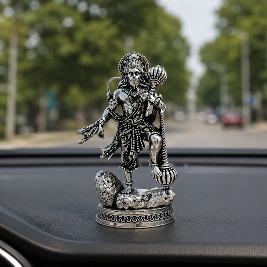 Silver Plated Hanuman Ji with Gada Idol car dashboard view
