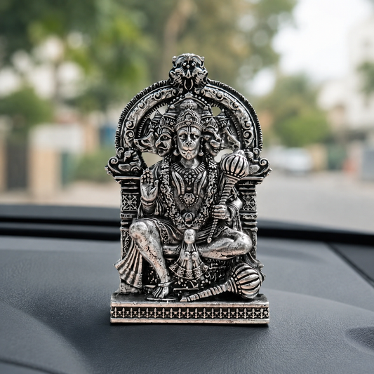 Silver Plated Panchmukhi Hanuman Idol car dashboard view