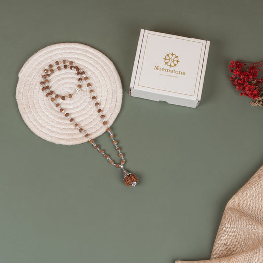 Silver Plated Shiv Pendant with Rudraksha Mala - 54+1 Beads