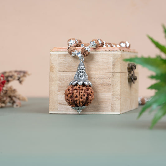 Silver Plated Shiv Pendant with Rudraksha Mala - 54+1 Beads