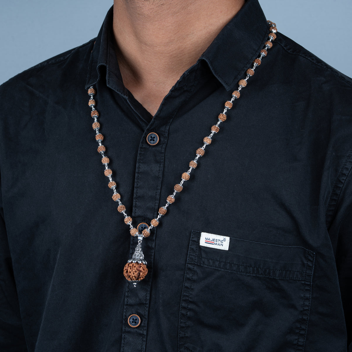 Silver Plated Shiv Pendant with Rudraksha Mala - 54+1 Beads