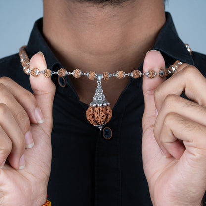 Silver Plated Shiv Pendant with Rudraksha Mala - 54+1 Beads