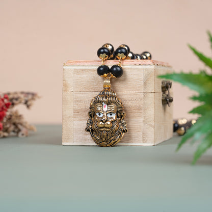 Rudra Veer Hanuman Pendant with Karungali Mala (Gold Plated)