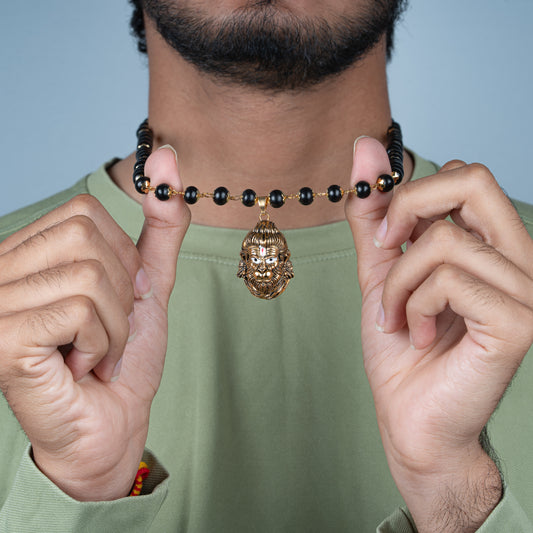 Rudra Veer Hanuman Pendant with Karungali Mala (Gold Plated)