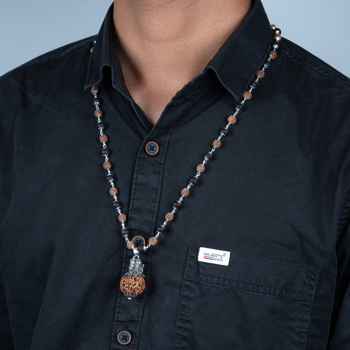 Silver Plated Shiv Ganesh Pendant with Rudraksha Karungali Mala - 54+1 Beads Govt. Certified