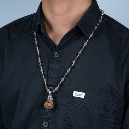 Silver Plated Shiv Ganesh Pendant with Rudraksha Karungali Mala - 54+1 Beads Govt. Certified