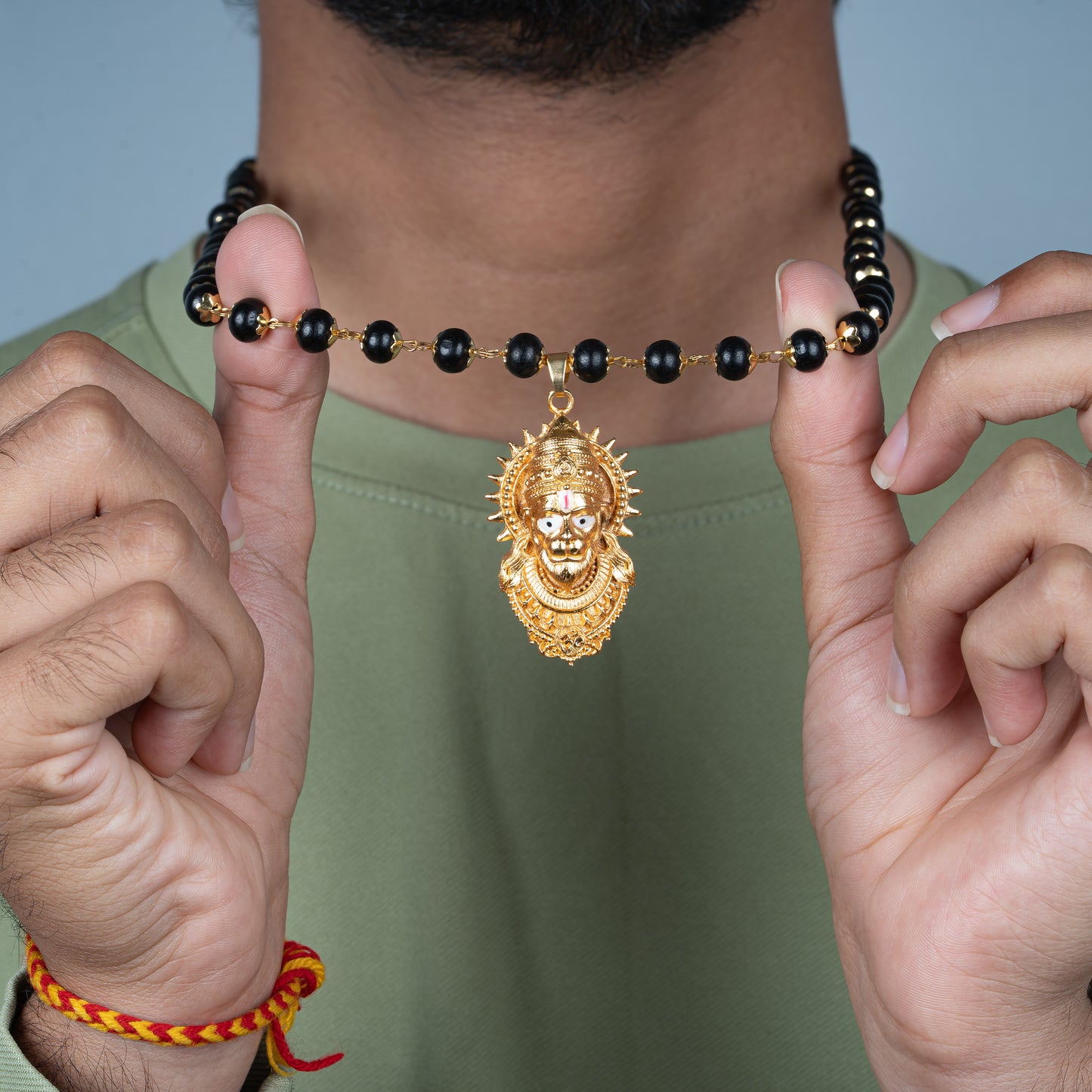 Divine Hanuman Ji Pendant With Karungali Mala (Gold Plated)