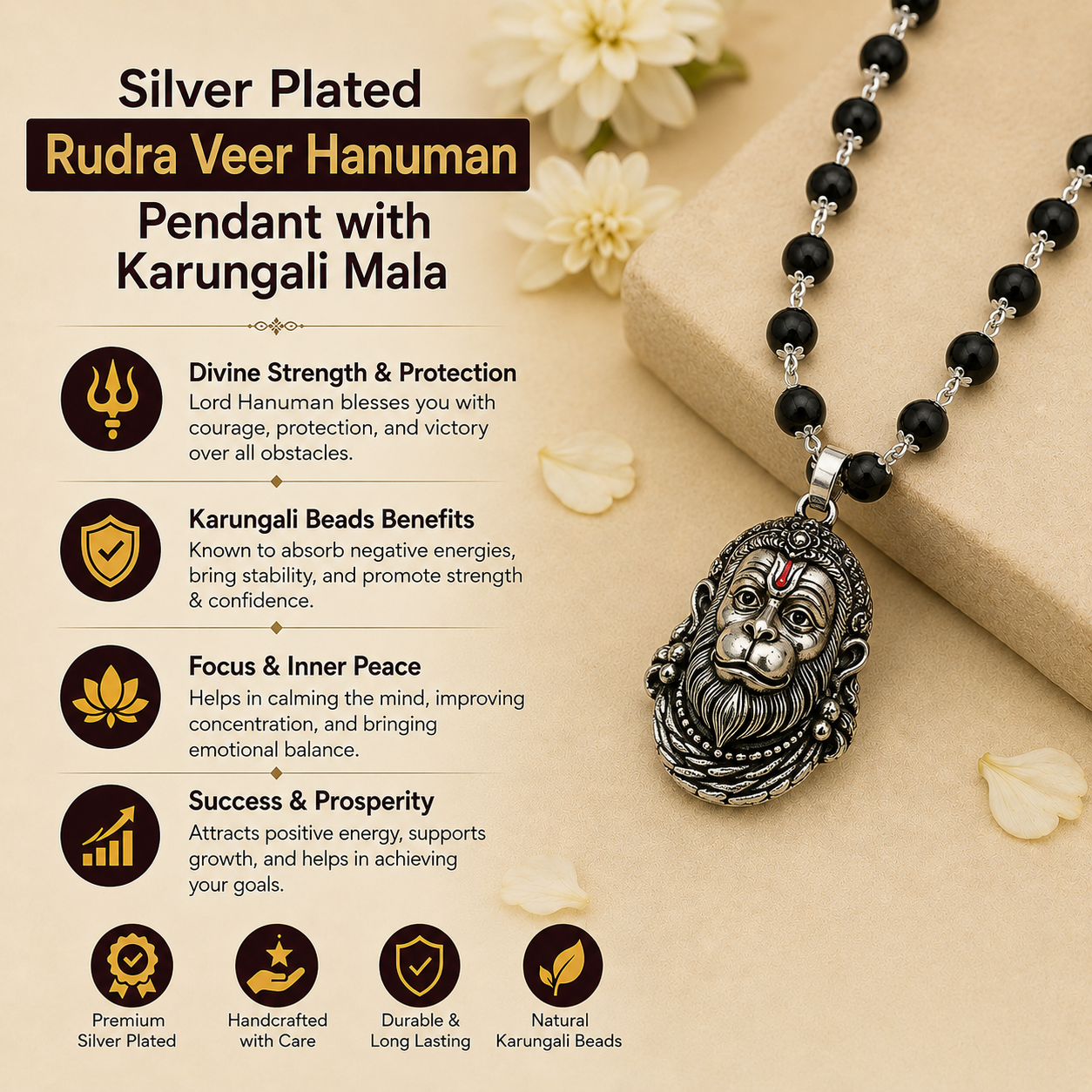 Rudra Veer Hanuman Pendant with Karungali Mala (Silver Plated)