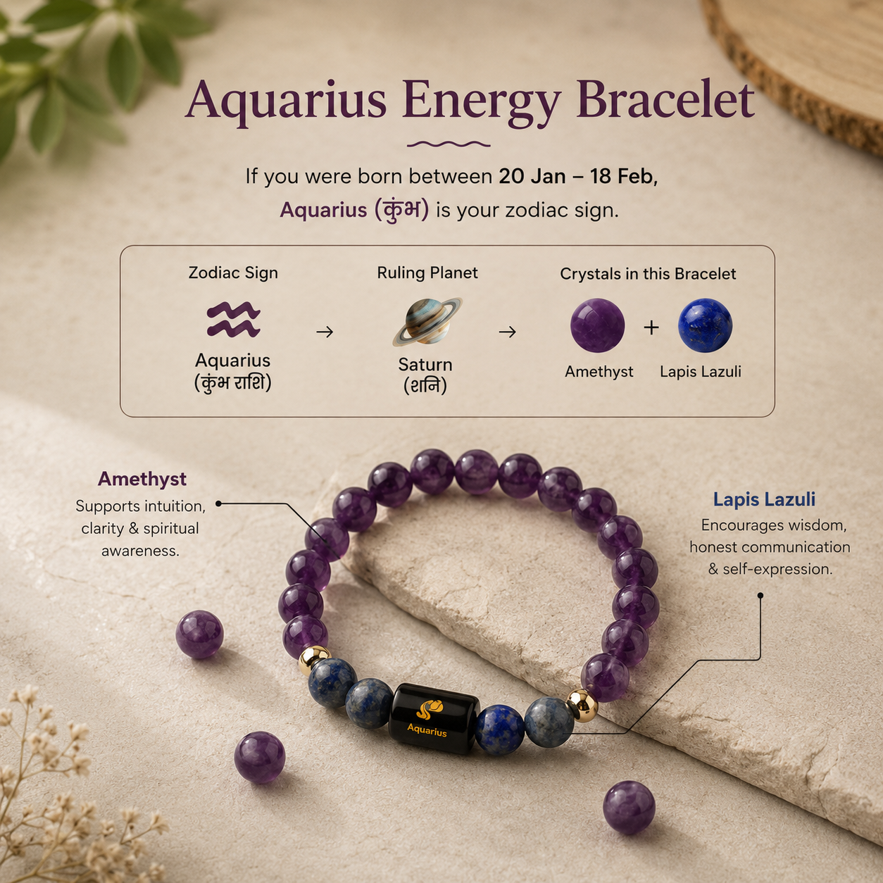 Aquarius (कुंभ राशि) Zodiac Amethyst & Lapis Lazuli Bracelet