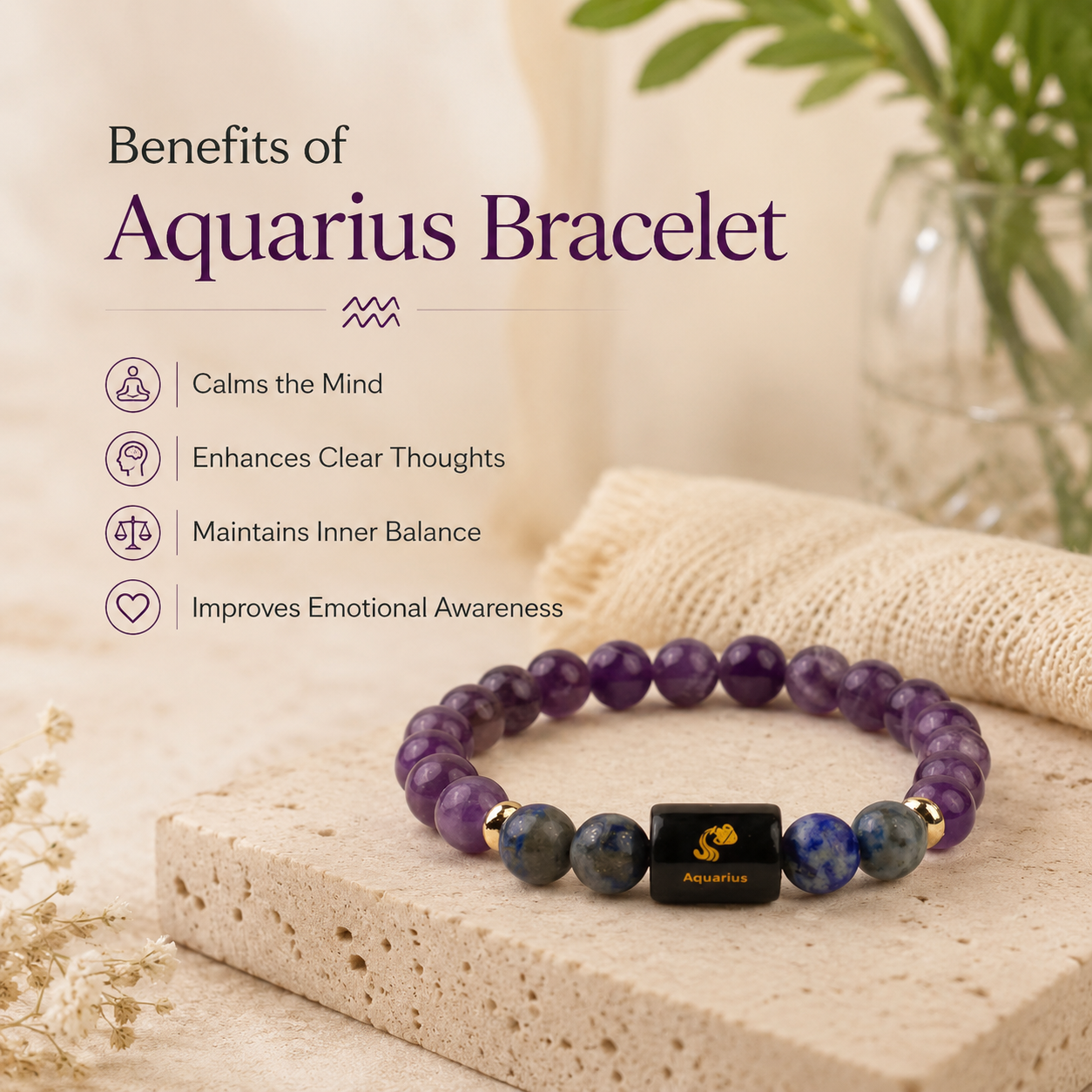 Aquarius (कुंभ राशि) Zodiac Amethyst & Lapis Lazuli Bracelet