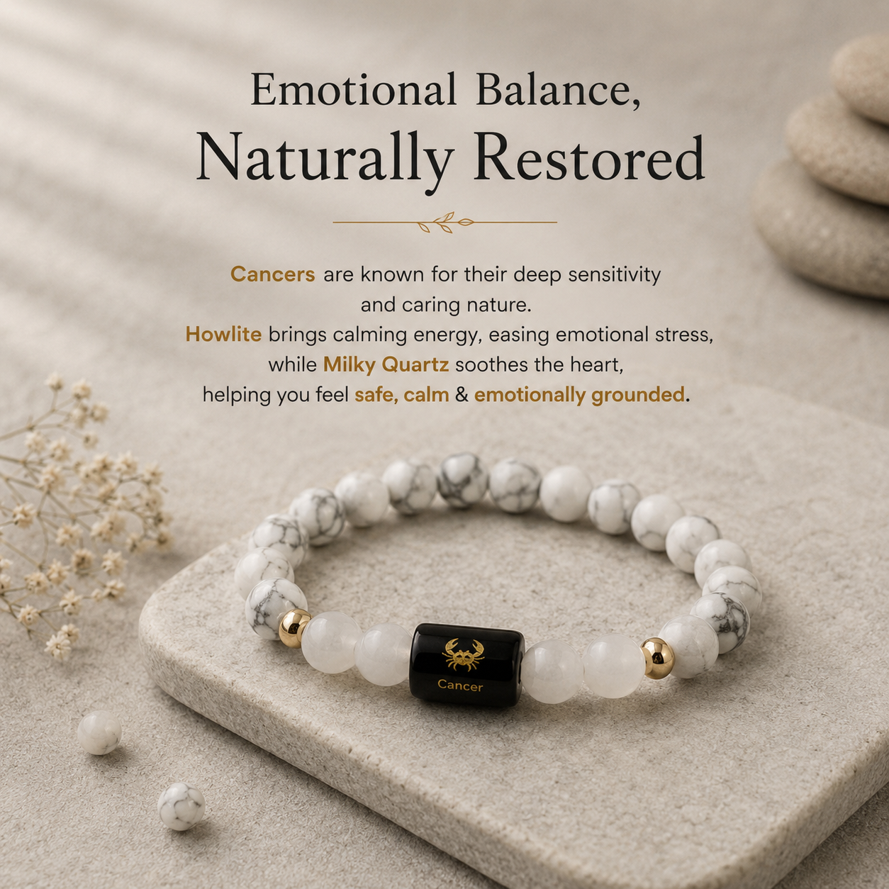 Cancer (कर्क राशि) Zodiac Howlite & Milky Quartz Bracelet