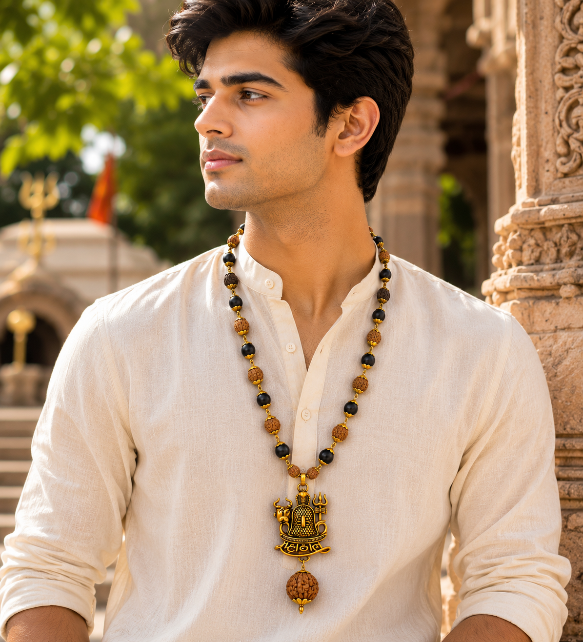 Mahakal Trishul Nandi Pendant with Rudraksha-Karungali Mala (Gold Plated)