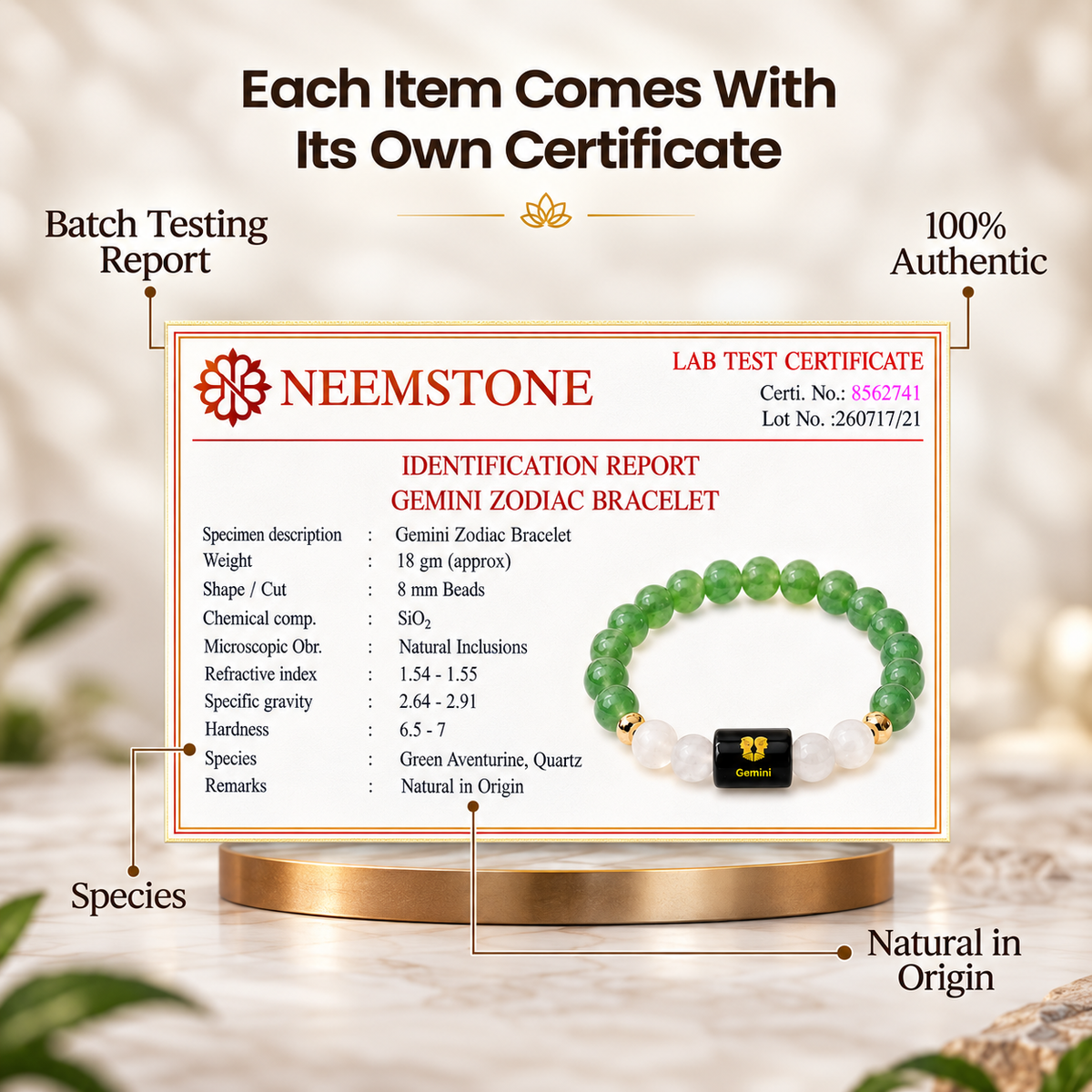 Gemini (मिथुन राशि) Zodiac Green Aventurine & Milky Quartz Bracelet