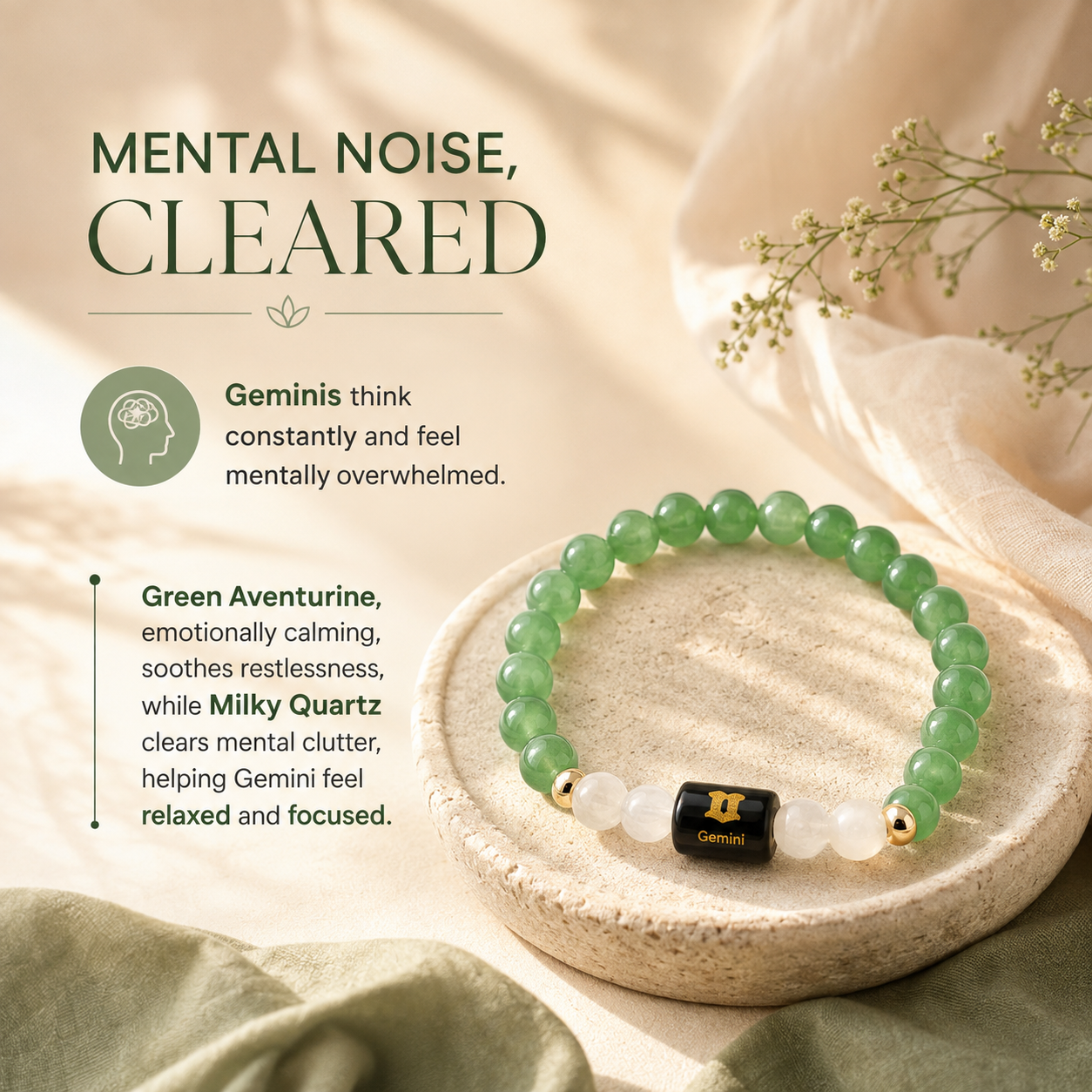 Gemini (मिथुन राशि) Zodiac Green Aventurine & Milky Quartz Bracelet