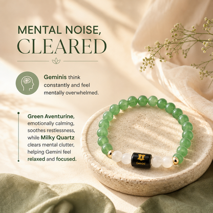 Gemini (मिथुन राशि) Zodiac Green Aventurine & Milky Quartz Bracelet