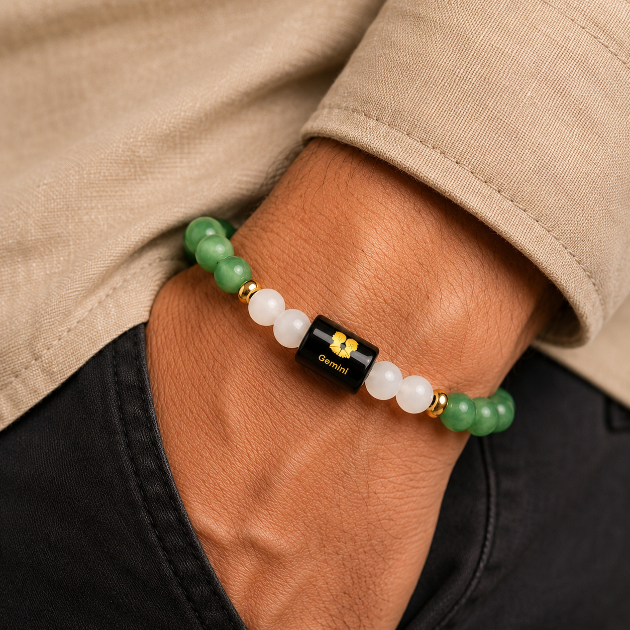Gemini (मिथुन राशि) Zodiac Green Aventurine & Milky Quartz Bracelet