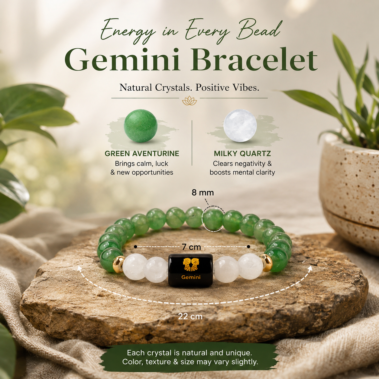 Gemini (मिथुन राशि) Zodiac Green Aventurine & Milky Quartz Bracelet