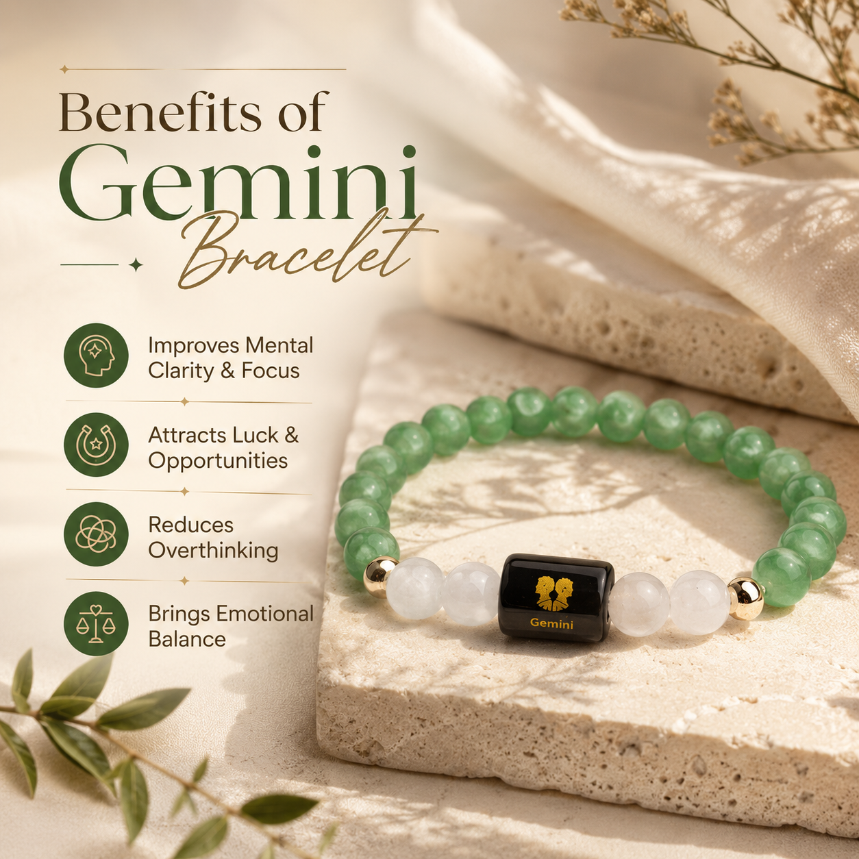 Gemini (मिथुन राशि) Zodiac Green Aventurine & Milky Quartz Bracelet