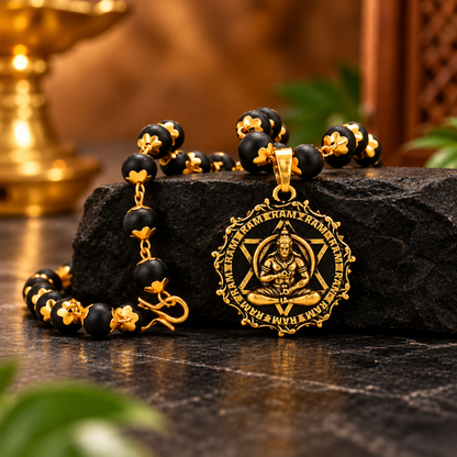 Gold-Plated Karungali Mala with Hanuman Kavach Pendant