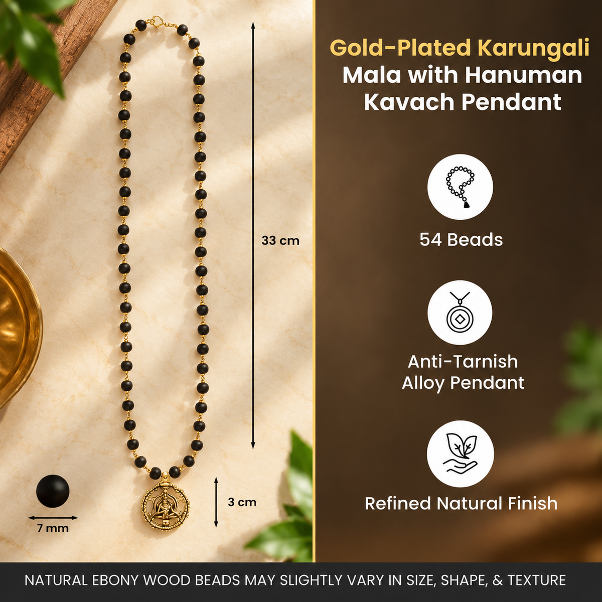 Gold-Plated Karungali Mala with Hanuman Kavach Pendant