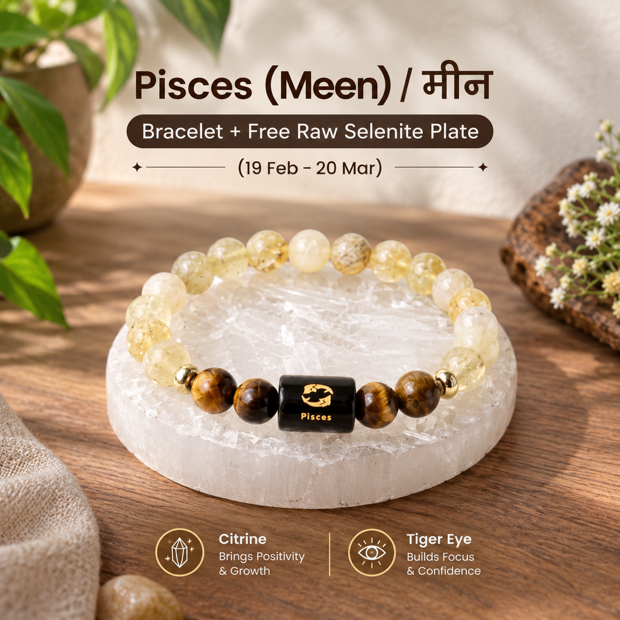 Pisces (मीन राशि) Zodiac Citrine & Tiger Eye Bracelet