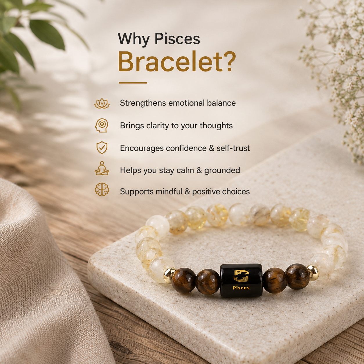 Pisces (मीन राशि) Zodiac Citrine & Tiger Eye Bracelet