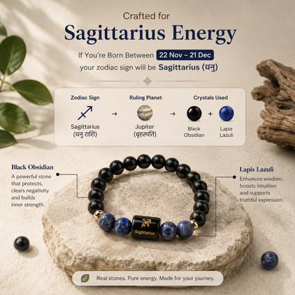 Sagittarius (धनु राशि) Zodiac Black Obsidian & Lapis Lazuli Bracelet