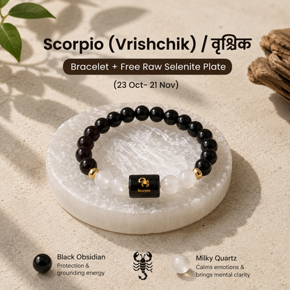 Scorpio (वृश्चिक राशि) Zodiac Black Obsidian & Milky Quartz Bracelet