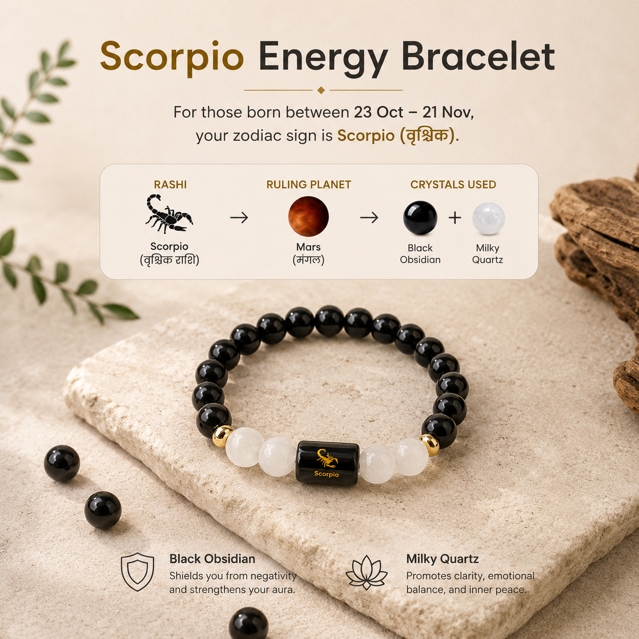 Scorpio (वृश्चिक राशि) Zodiac Black Obsidian & Milky Quartz Bracelet