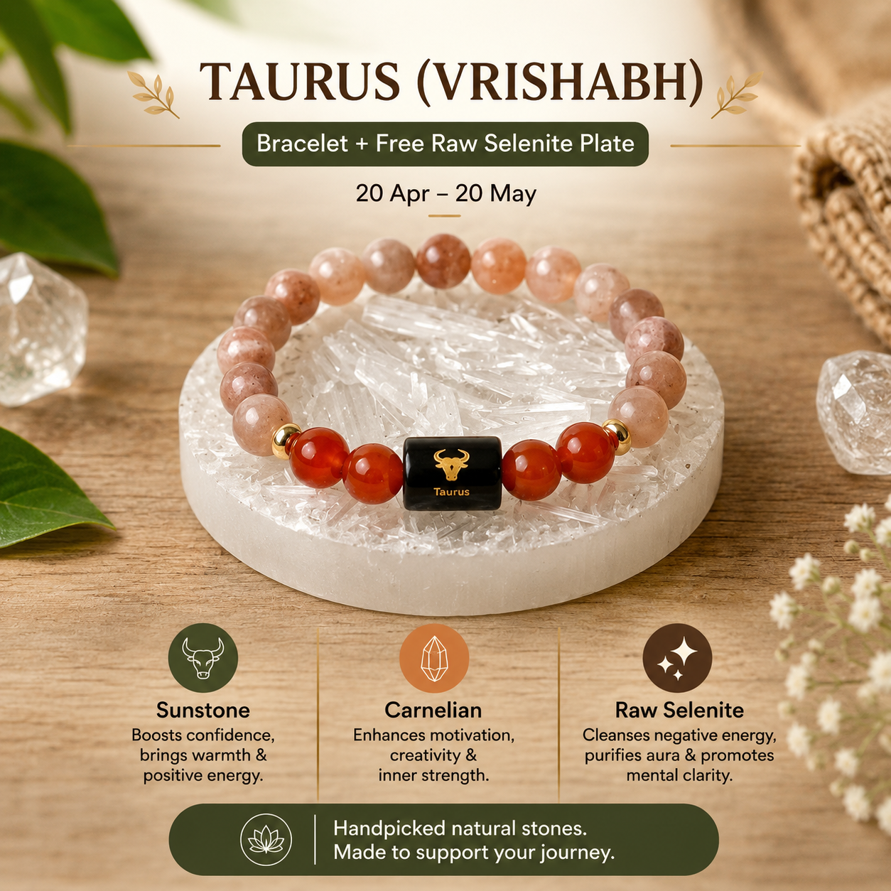 Taurus (वृषभ राशि) Zodiac Sunstone & Carnelian Bracelet