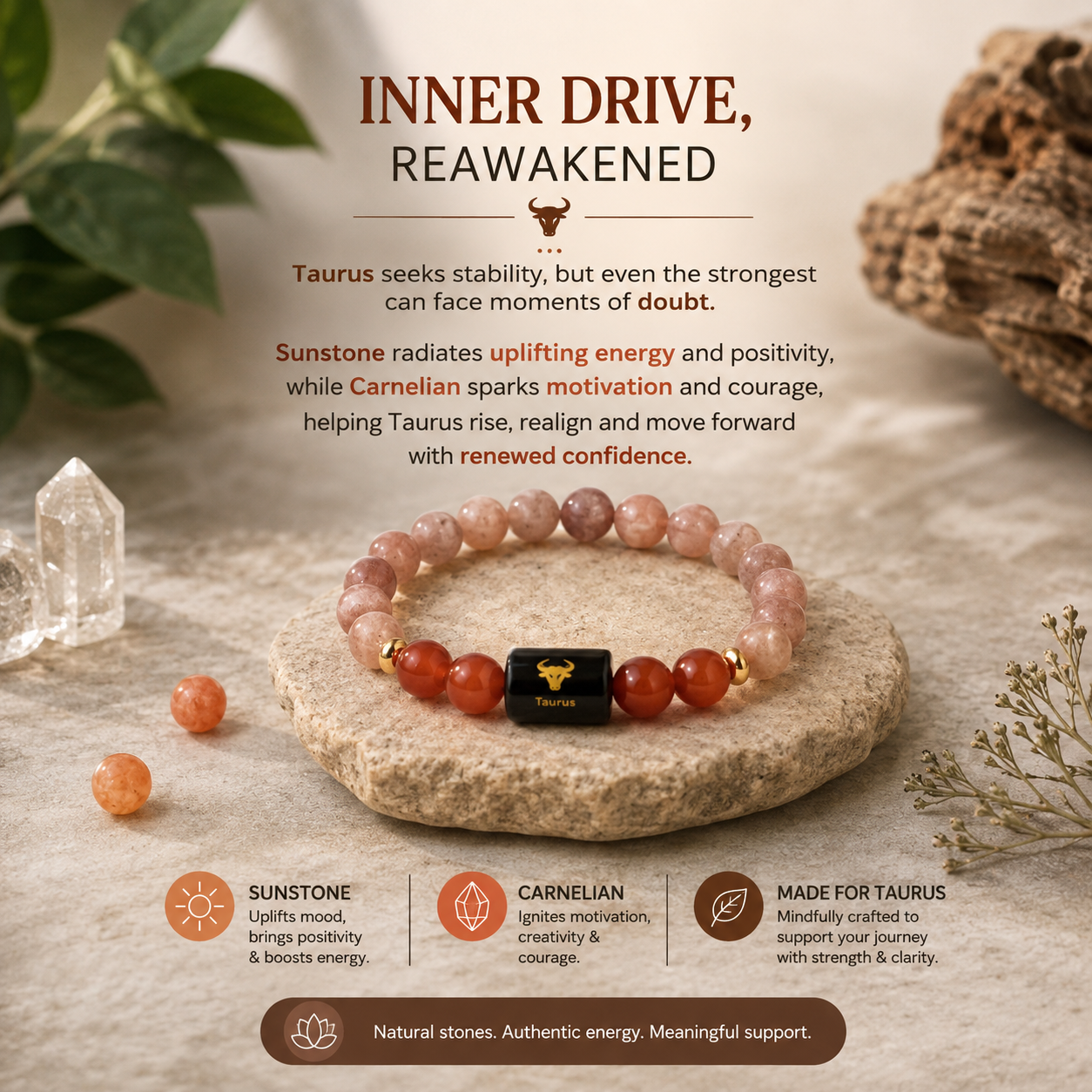 Taurus (वृषभ राशि) Zodiac Sunstone & Carnelian Bracelet