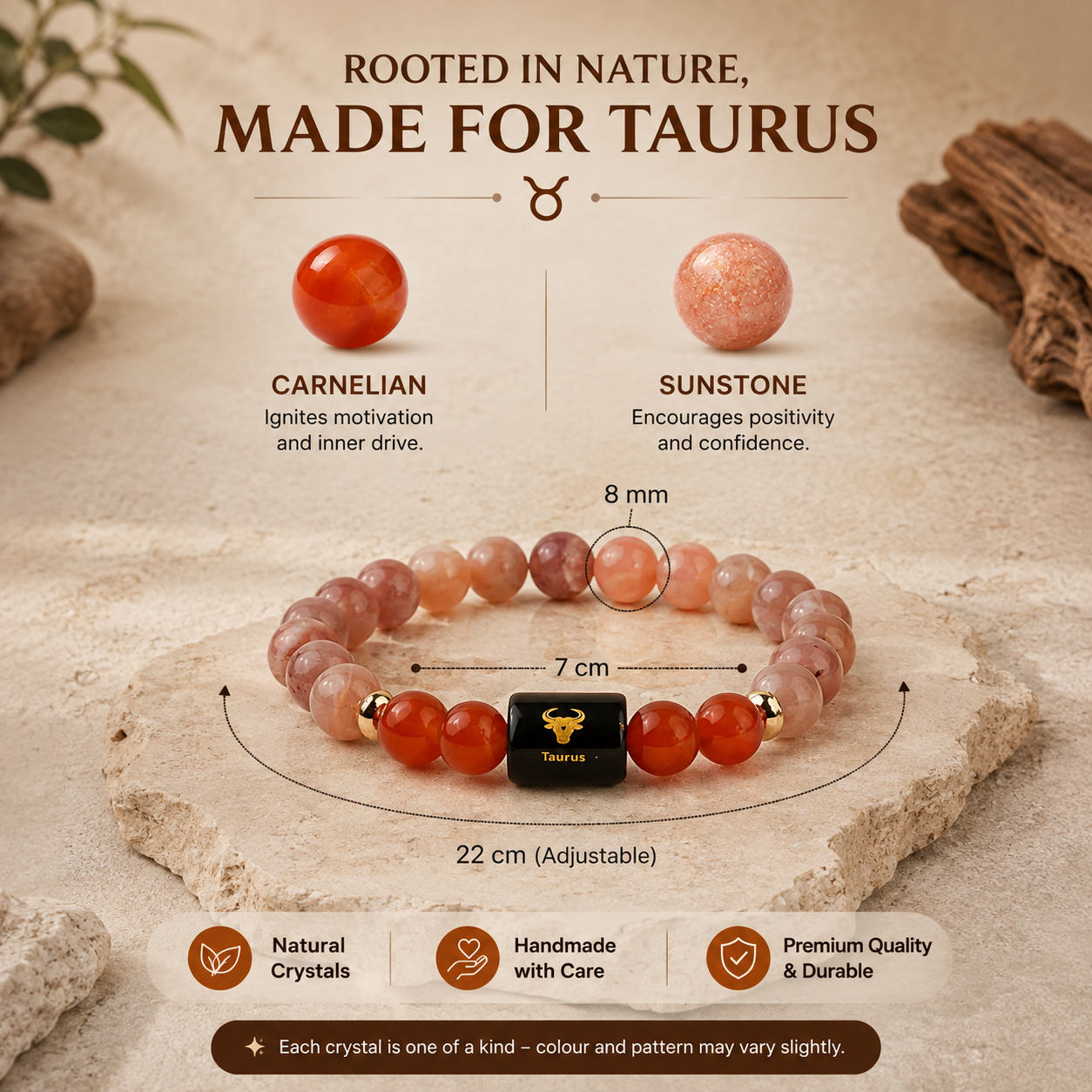 Taurus (वृषभ राशि) Zodiac Sunstone & Carnelian Bracelet