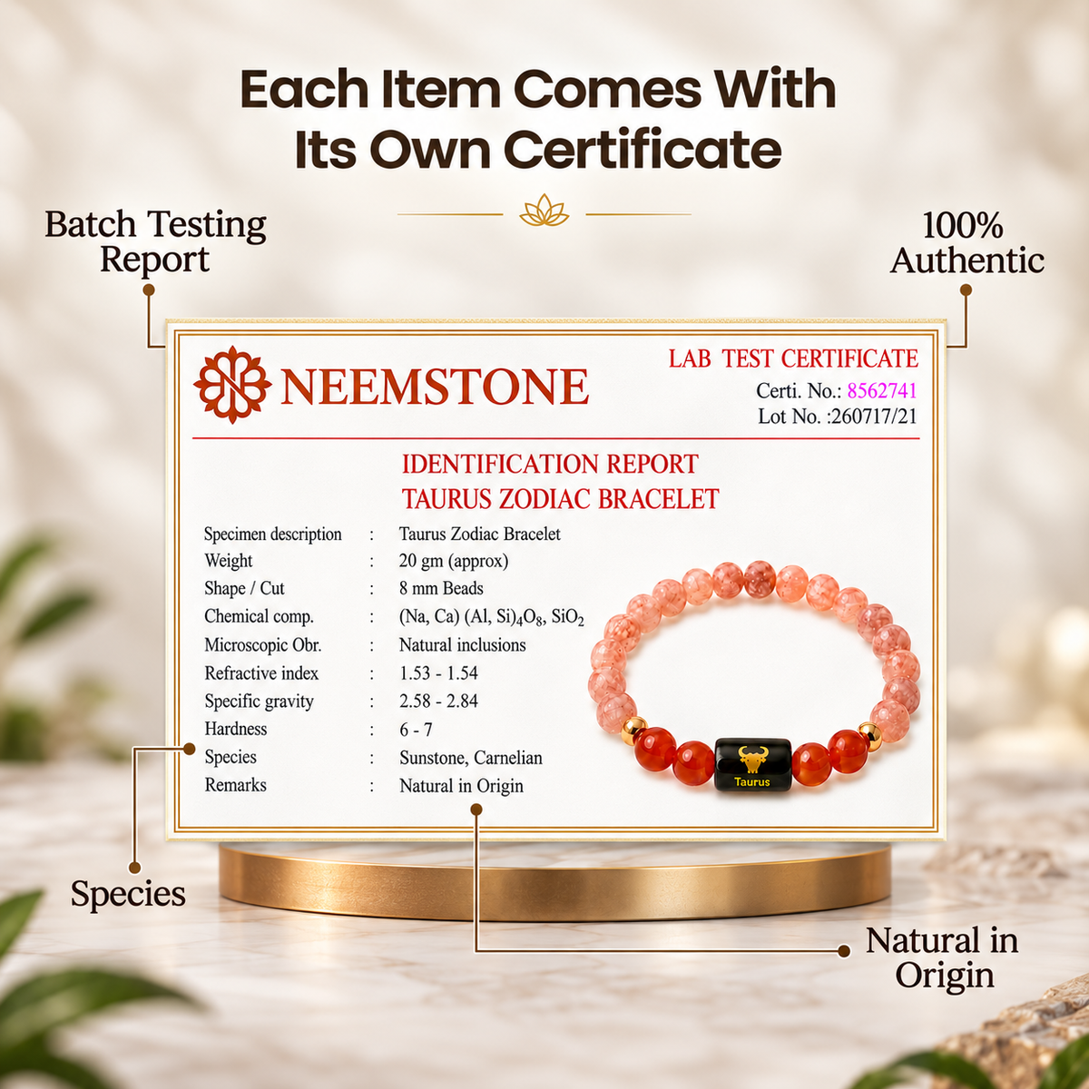 Taurus (वृषभ राशि) Zodiac Sunstone & Carnelian Bracelet