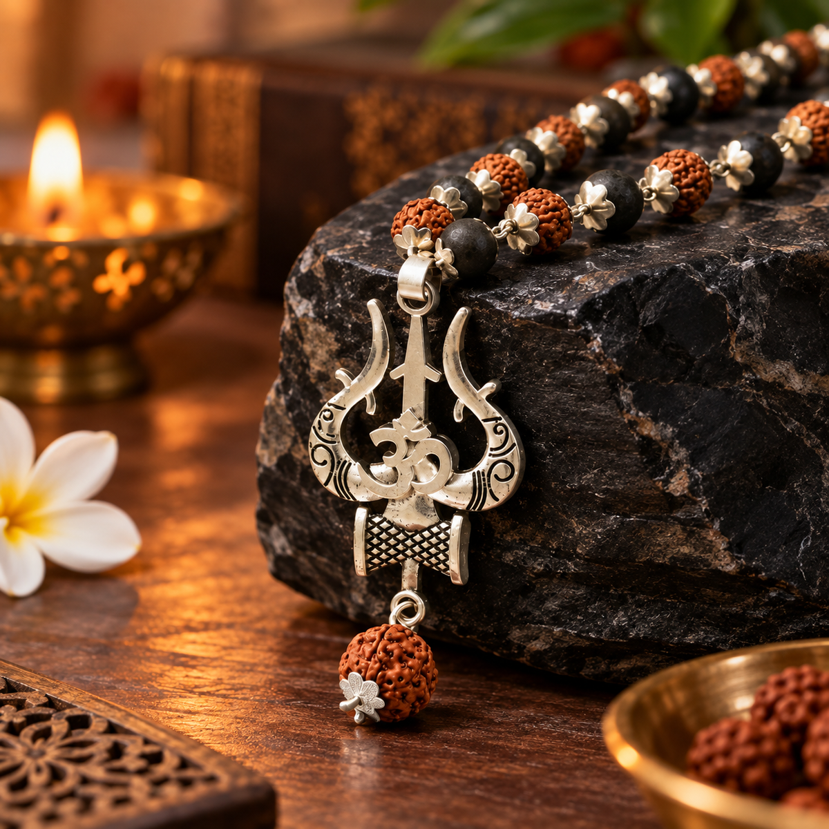 Silver Plated Rudraksha & Karungali Mala with Trishul Pendant