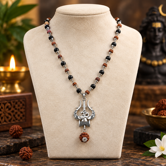 Silver Plated Rudraksha & Karungali Mala with Trishul Pendant