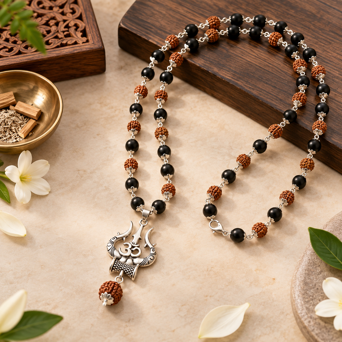 Silver Plated Rudraksha & Karungali Mala with Trishul Pendant