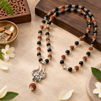 Silver Plated Rudraksha & Karungali Mala with Trishul Pendant