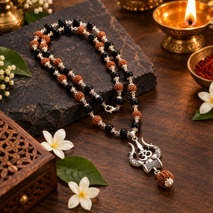 Silver Plated Rudraksha & Karungali Mala with Trishul Pendant