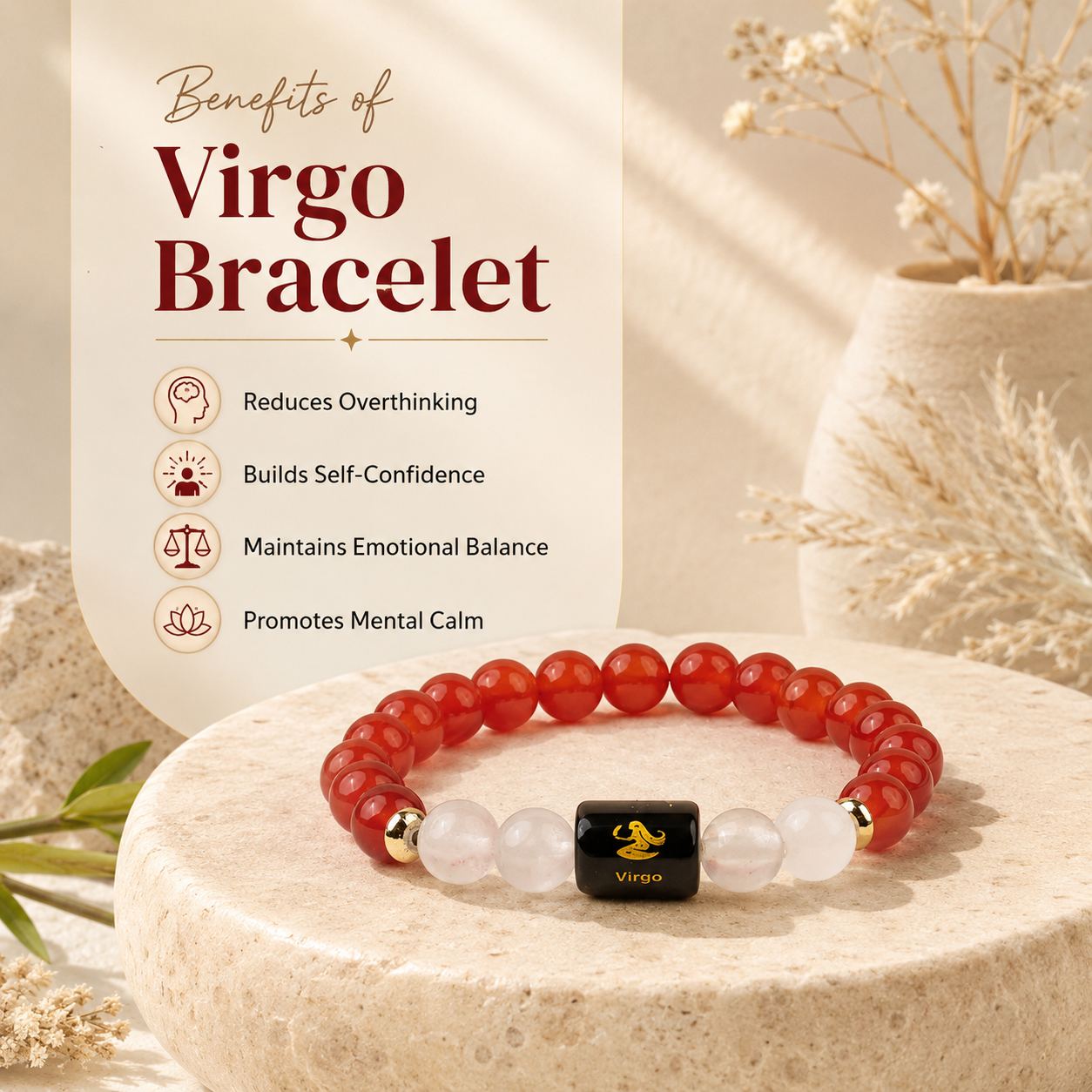 Virgo (कन्या राशि) Zodiac Carnelian & Milky Quartz Bracelet