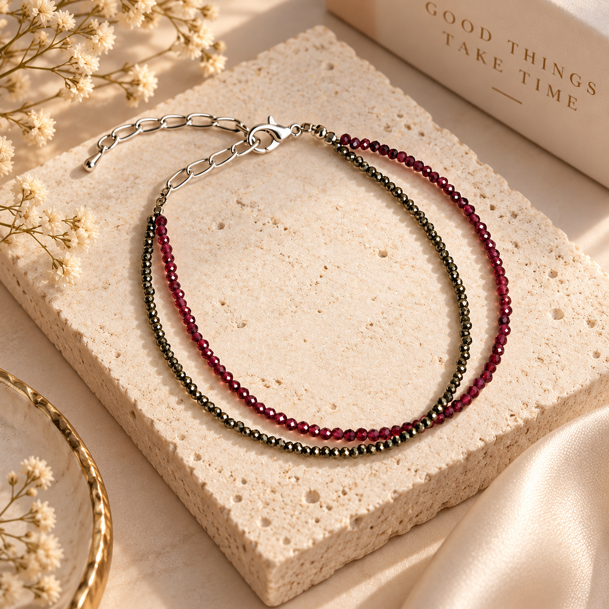 Love & Abundance Anklet with Pyrite and Garnet Stones