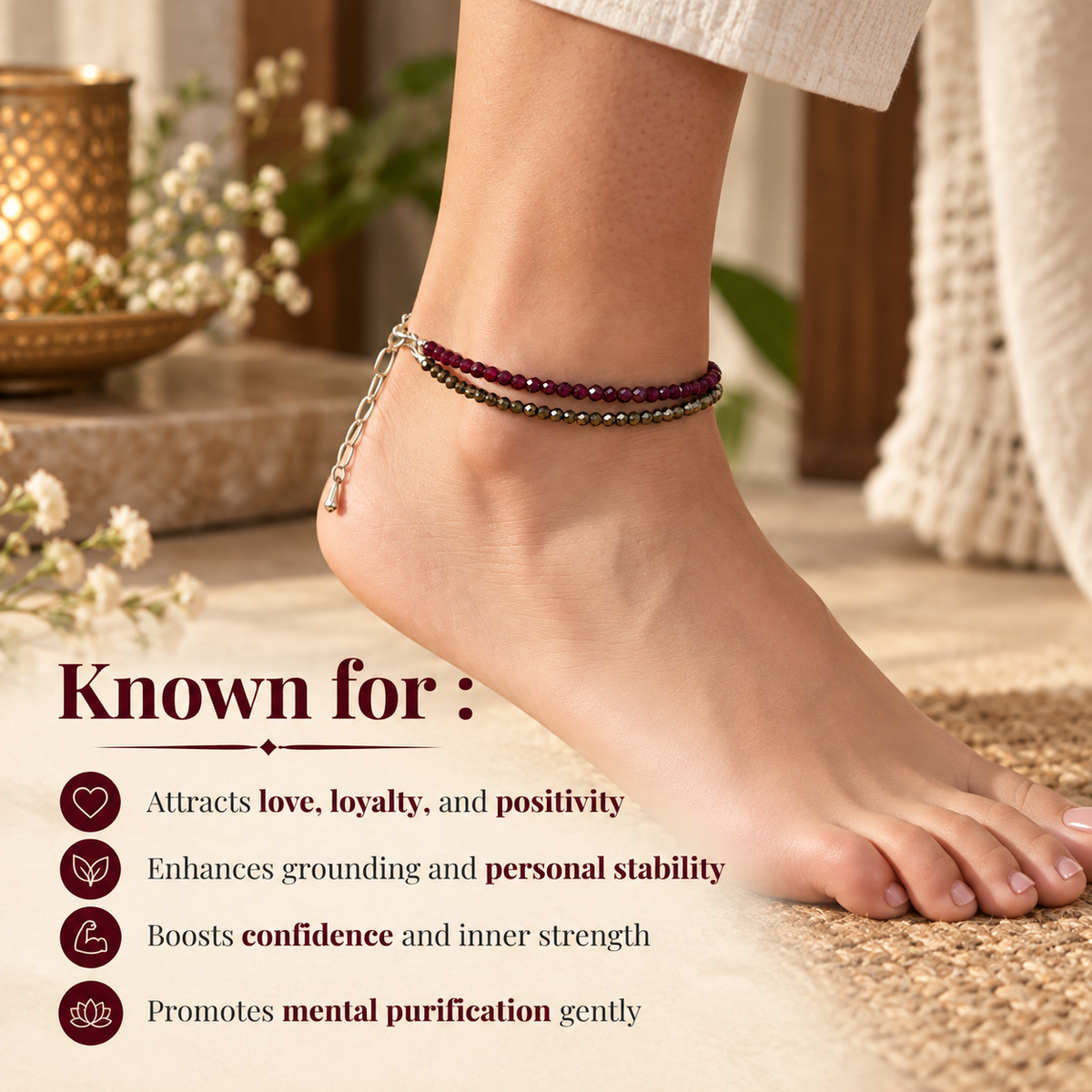 Love & Abundance Anklet with Pyrite and Garnet Stones