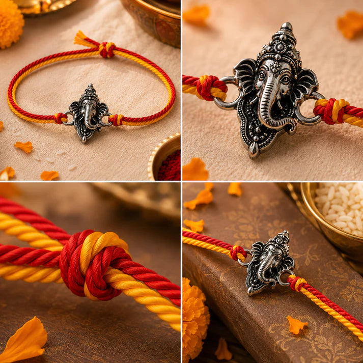 Vighnaharta Ganesha Rakhi – Silver-Tone Ganpati Charm