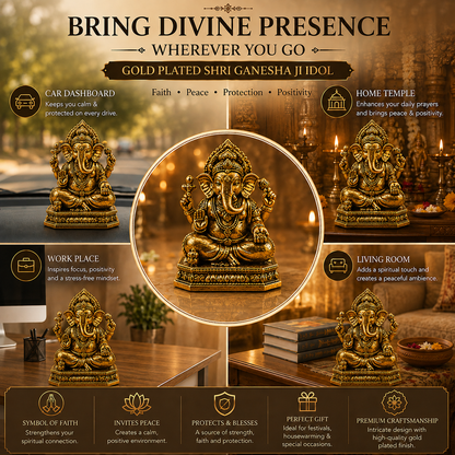 Gold Plated Ganesha Ji Idol for Home, Car & Office