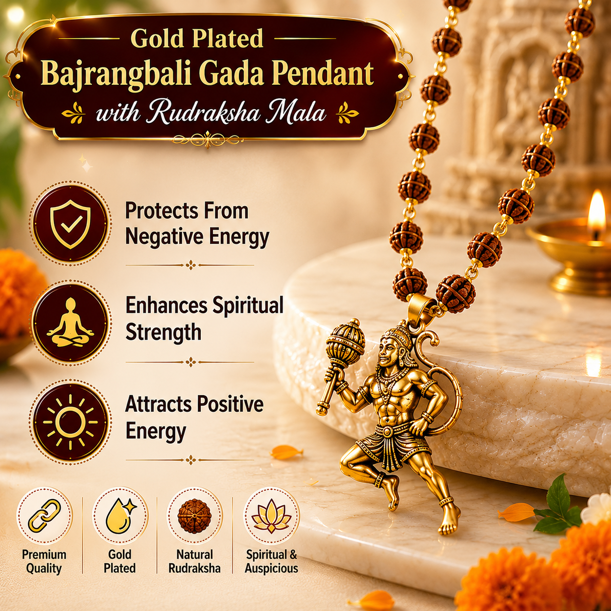 Gold Plated Bajrangbali Gada Pendant with Rudraksha Mala benefits and features